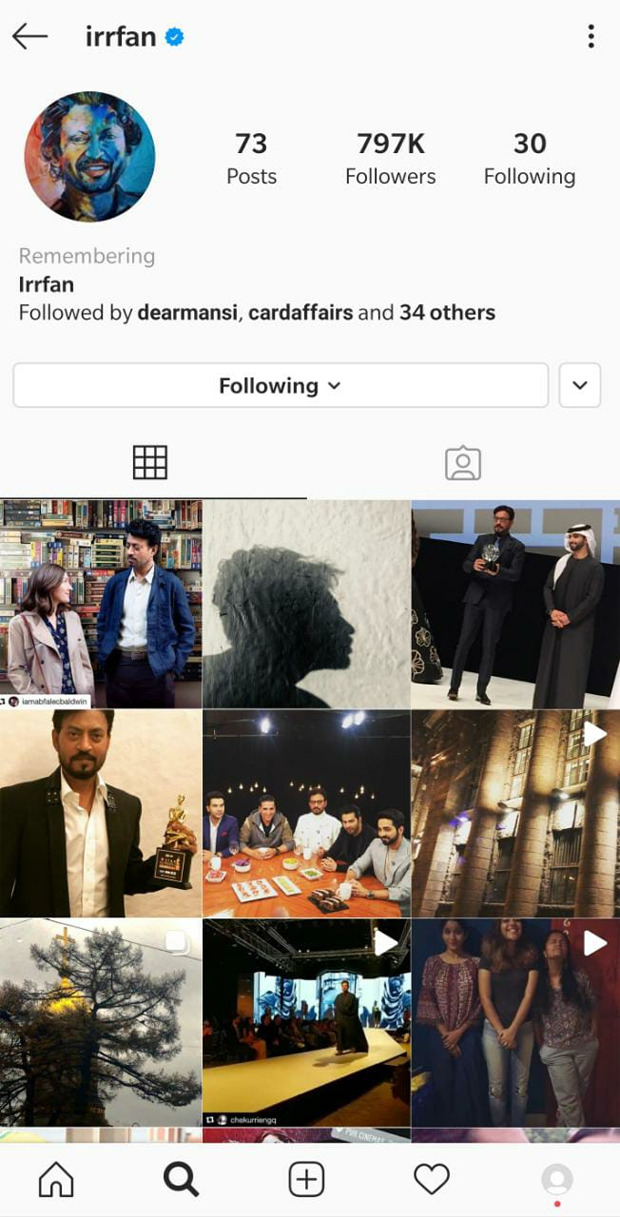 Irrfan Khan’s Instagram profile gets memorialized after Sushant Singh Rajput