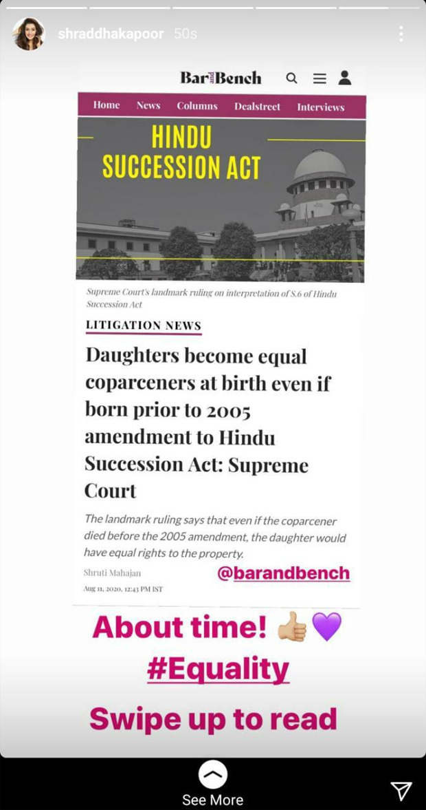 Shraddha Kapoor upholds equality after the landmark ruling of daughters being equal coparceners comes