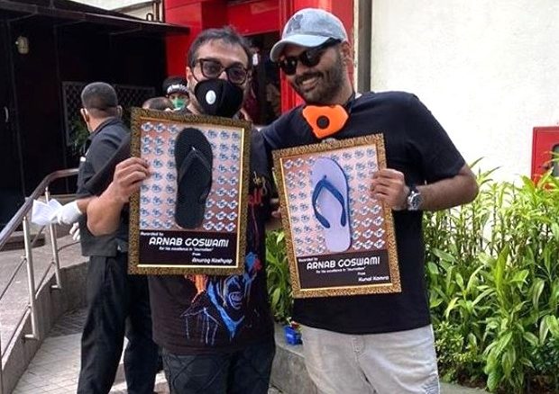 anurag kashyap and kunal kamra pose outside arnab goswami’s republic tv office