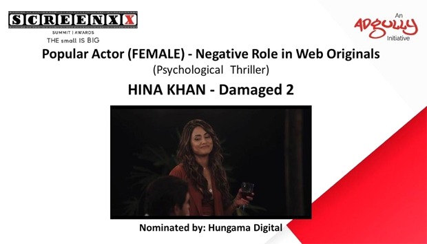 Hina Khan bags an award for Damaged 2 in the popular actor female in a negative role category