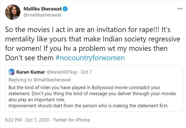 Mallika Sherawat has the most apt response to a Twitter user who blamed her films for violence against women
