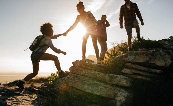 Group of friends hiking in nature