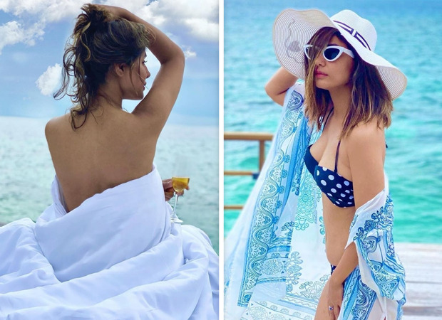 Hina Khan shares pictures of her posing in a blanket and a bikini in Maldives