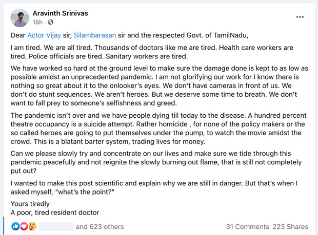 "Hundred percent theatre occupancy is a suicide attempt," writes Puducherry doctor in a viral note addressed to actors Vijay and Simbu