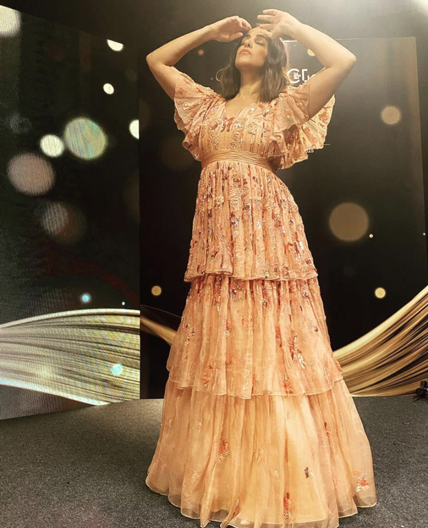 Neha Dhupia’s three tier hand embellished gown worth Rs. 1.74 lakhs is about glamour and comfort
