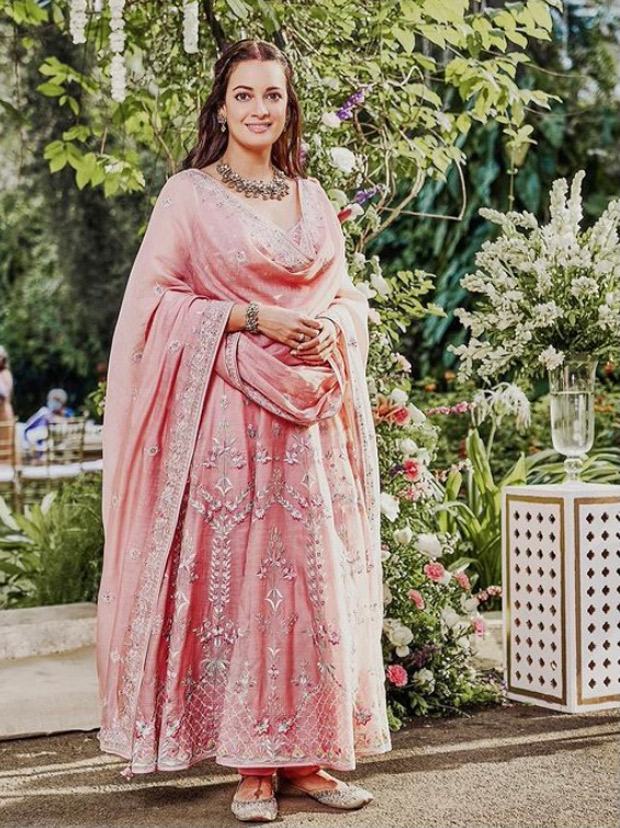 newlywed dia mirza opts for pastel pink anita dongre anarkali set for post wedding celebration