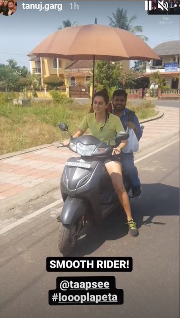 Taapsee Pannu rides a scooty from the shoot location of Looop Lapeta to her vanity van in Goa