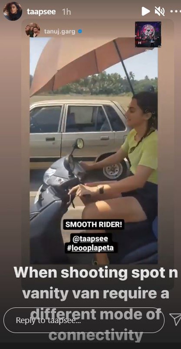 taapsee pannu rides a scooty from the shoot location of looop lapeta to her vanity van in goa