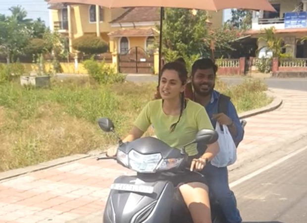 Taapsee Pannu rides a scooty from the shoot location of Looop Lapeta to her vanity van in Goa