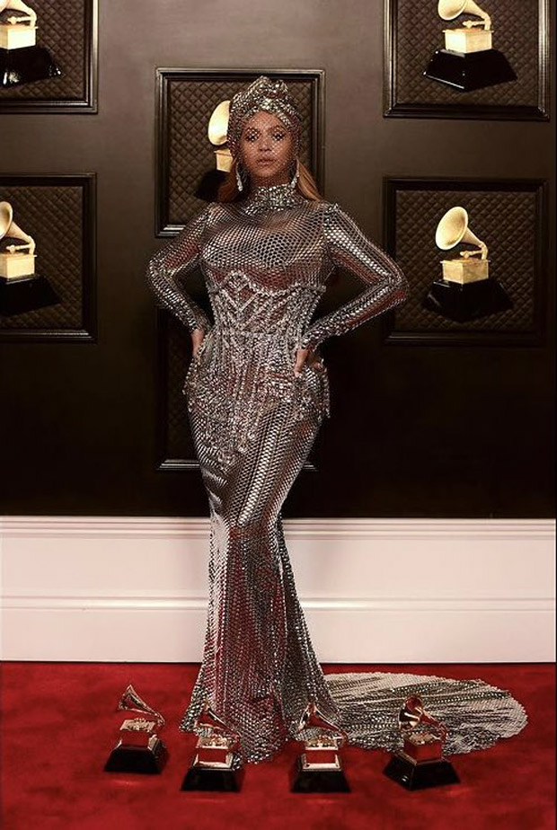 beyoncé stuns in silver metal mesh gown by burberry’s riccardo tisci after making history at grammys 2021