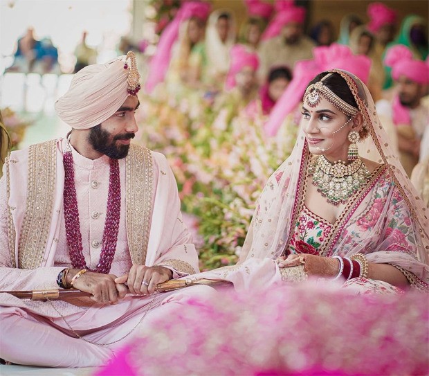 jasprit bumrah and sanjana ganesan looked resplendent at their wedding in custom sabysachi couture