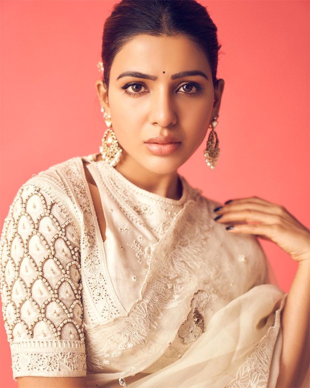 Samantha Akkineni keeps it regal in chanderi saree with coral embroidery for the launch of Shakuntalam