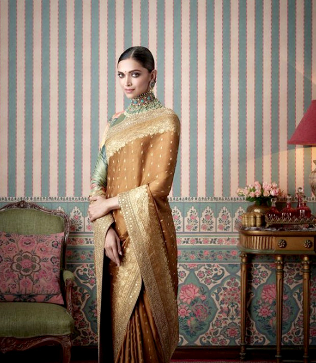 deepika padukone looks ethereal in ochre yellow banarasi silk saree by sabyasachi mukherjee