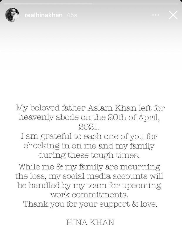 Hina Khan takes a break from social media after her father’s demise