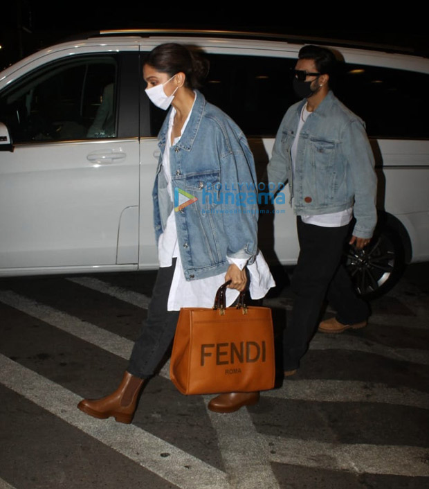 Ranveer Singh and Deepika Padukone leave for Bengaluru donning matching outfits, actress carries luxury Fendi tote worth Rs. 2.1 lakhs 