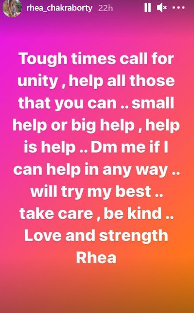 Rhea Chakraborty opens her Instagram DM to offer COVID related help; says tough times call for unity