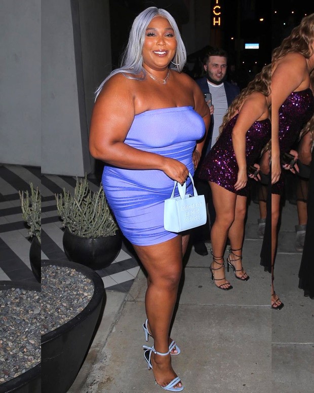 lizzo pairs her lilac bodycon mini dress with silver wig and ‘protect black people’ mini box bag