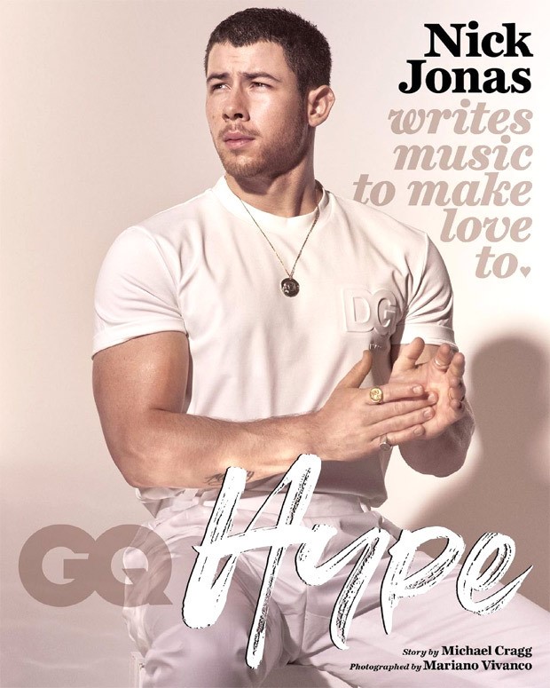 Nick Jonas looks buff in all white Dolce and Gabbana on the cover of British GQ