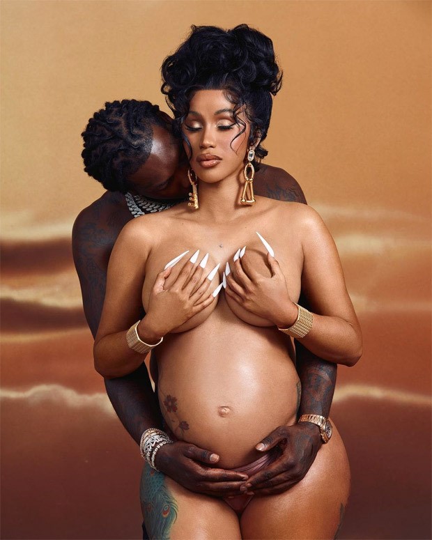 cardi b goes topless in pregnancy shoot with husband offset; shares another stunning portrait with daughter kulture