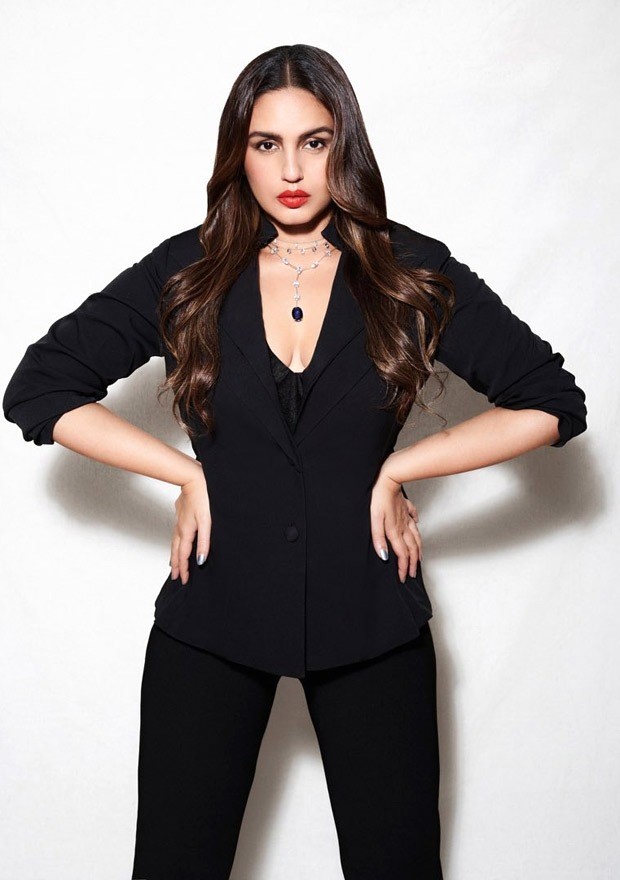 huma qureshi dons plunging neckline pantsuit and pairs it with a bold red lip