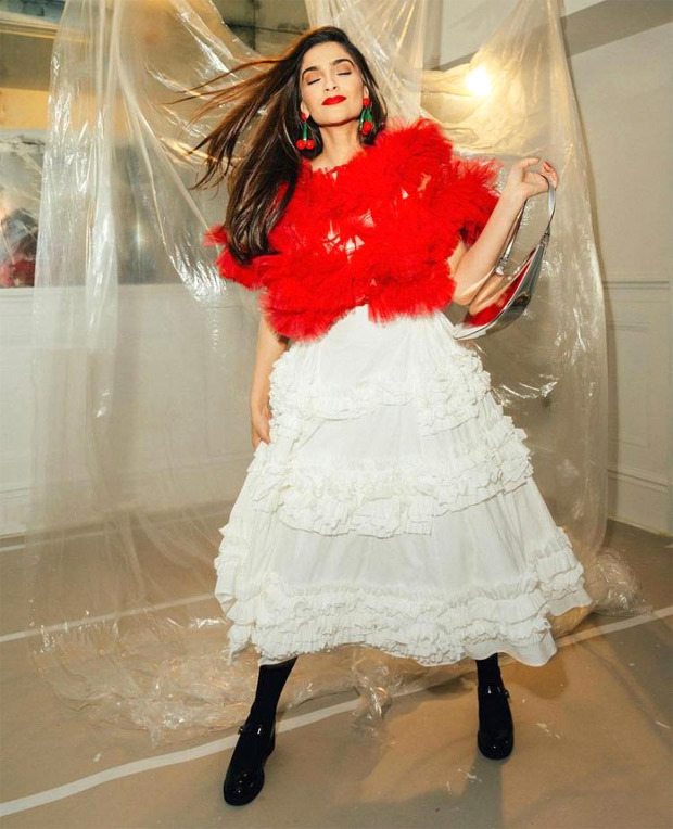 sonam kapoor flaunts her birthday look; dons red top and white ruffled skirt paired with prada bag worth rs. 1.5 lakh