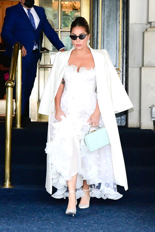 Lady Gaga looks sensational as she steps out in New York in white Giambattista Valli sheer gown 