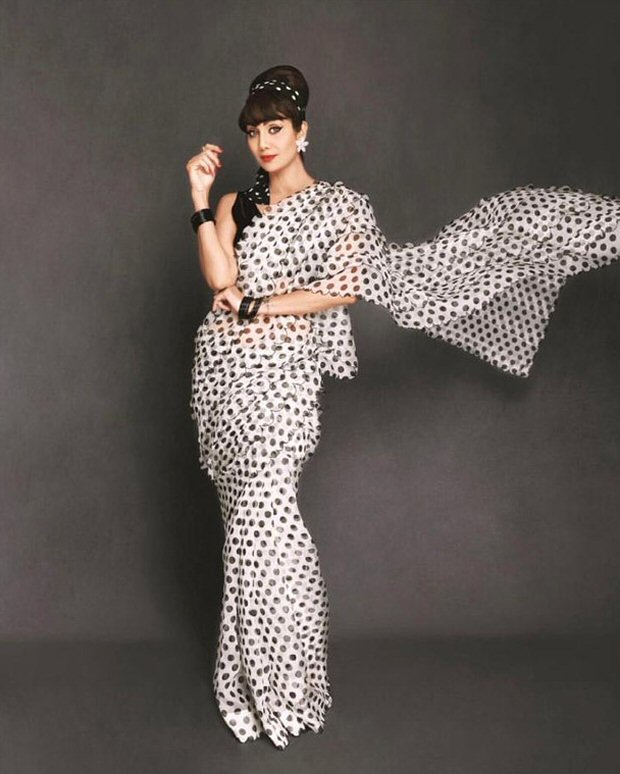 shilpa shetty recreates her mother sunanda shetty’s retro look in polka dot organza black and white sareer worth rs. 21,900