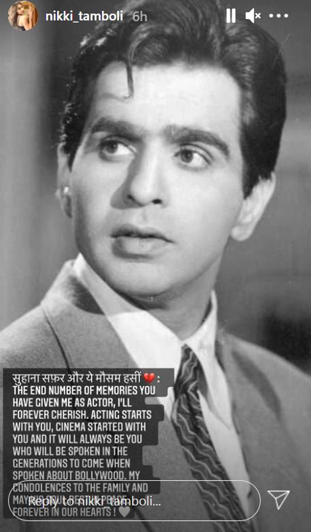 ”Suhana Safar aur ye Mausam haseen, and here comes an end to the number of memories you have given me as an actor”- Nikki Tamboli writes remembering Dilip Kumar
