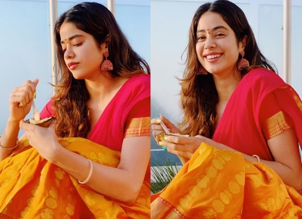 janhvi kapoor is all smiles in traditional yellow and red half saree on the occasion of onam