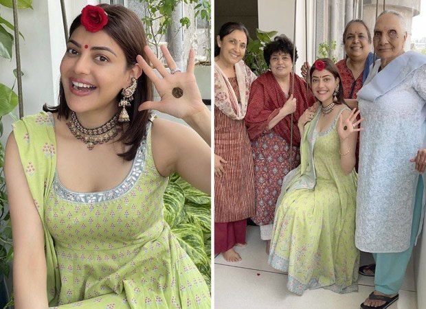 kajal aggarwal dons lime green anita dongre anarkali dress while celebrating her first hariyali teej