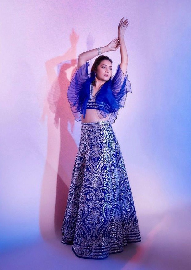 madhuri dixit is the epitome of royalty in a blue abu jani sandeep khosala creation