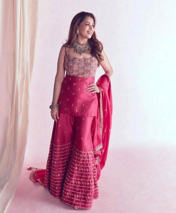 madhuri dixit looks gorgeous in a cherry red gharara from punit balana worth rs. 75,000