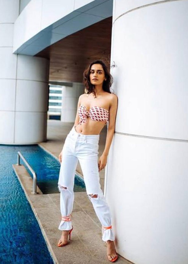 manushi chillar raises oomph factor in strapless printed bralette and skinny jeans