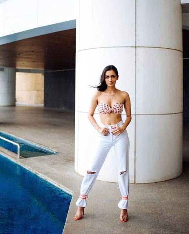 manushi chillar raises oomph factor in strapless printed bralette and skinny jeans