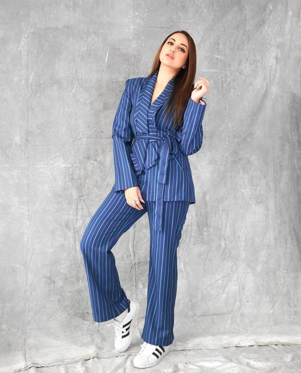 sonakshi sinha keeps it comfy for bhuj: the pride of india promotions in a navy blue striped pantsuit