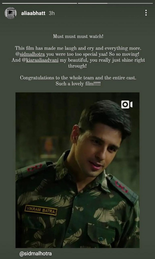 Alia Bhatt pens down an appreciation post for Sidharth Malhotra and Kiara Advani's performances in Shershaah