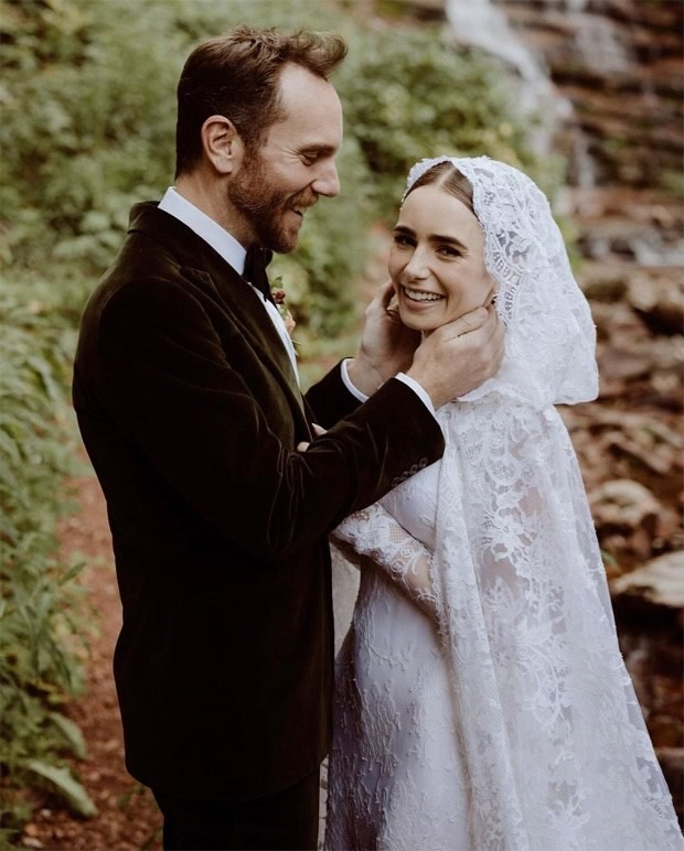 emily in paris star lily collins shares her romantic fairytale wedding pictures with her husband charlie mcdowell in a beautiful ralph lauren wedding gown