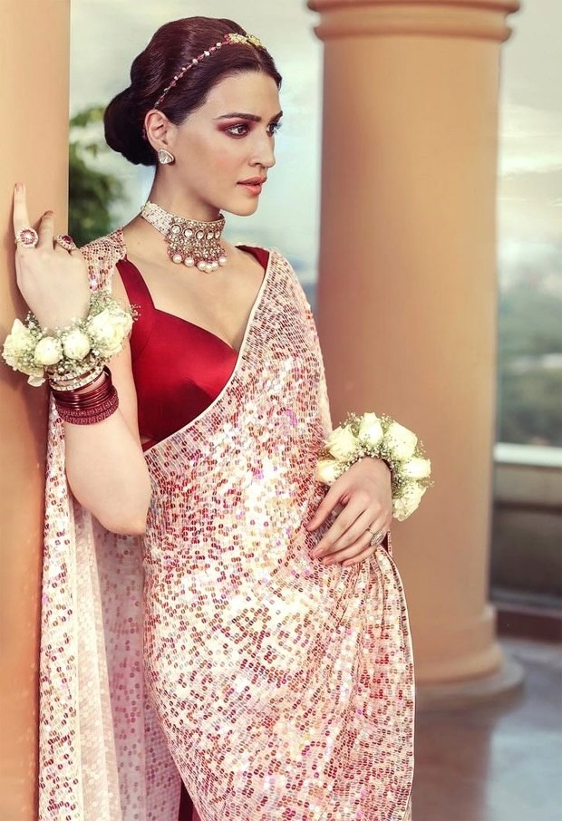 kriti sanon is struck by burst of sequins in embellished manish malhotra saree from nooraniyat collection