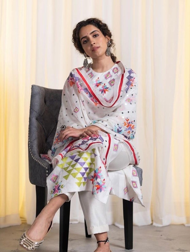 sanya malhotra stuns in a beautiful white organic kurta set worth rs. 47, 040 for meenakshi sundareshwar promotions