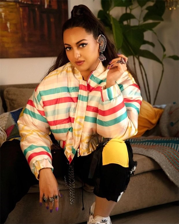 sonakshi sinha dons puffer multicolored jacket, pairs her look with traditional earrings