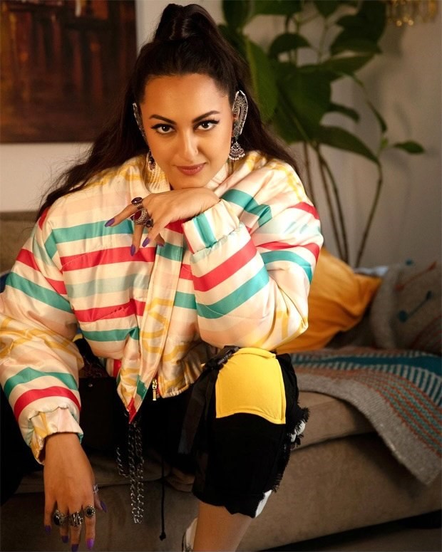 sonakshi sinha dons puffer multicolored jacket, pairs her look with traditional earrings