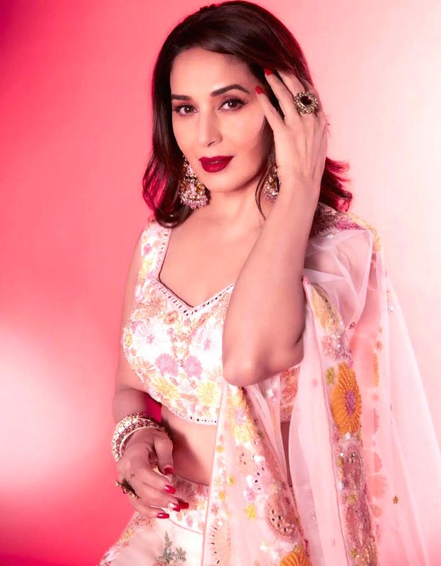 madhuri dixit makes a desi splash in a gorgeous lehenga with floral accents as she looks like an absolute dream