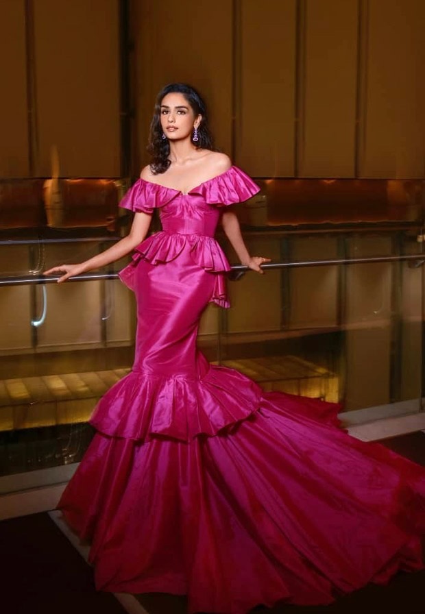 prithviraj actress manushi chhillar looks beautiful in pink gauri and nainika custom-made gown
