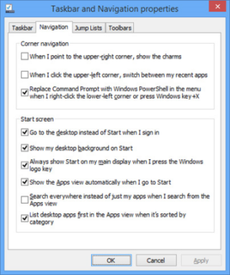 Windows 8.1 Taskbar and Navigation selections (Illustration Paul’s Windows Supersite)
