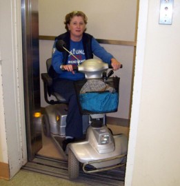Trisha Clarkin of Charlottetown said in September 2009 she cannot access the elevator at the Confederation Centre Library in her scooter without help. (Guardian photo)